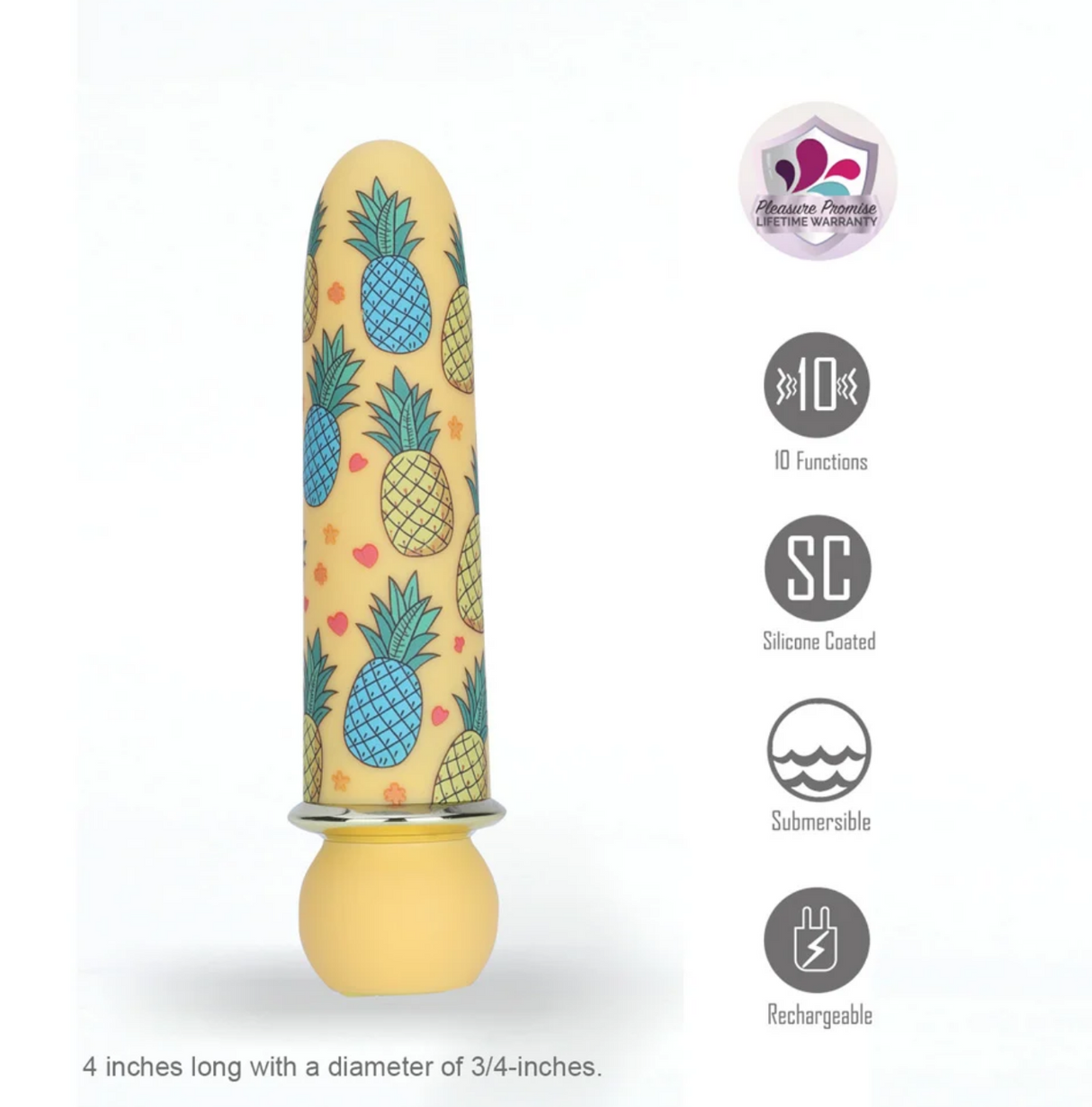 Maia Kona Fiercely Powerful Bullet Vibrator with tropical pineapple design, silicone coated, and rechargeable features.