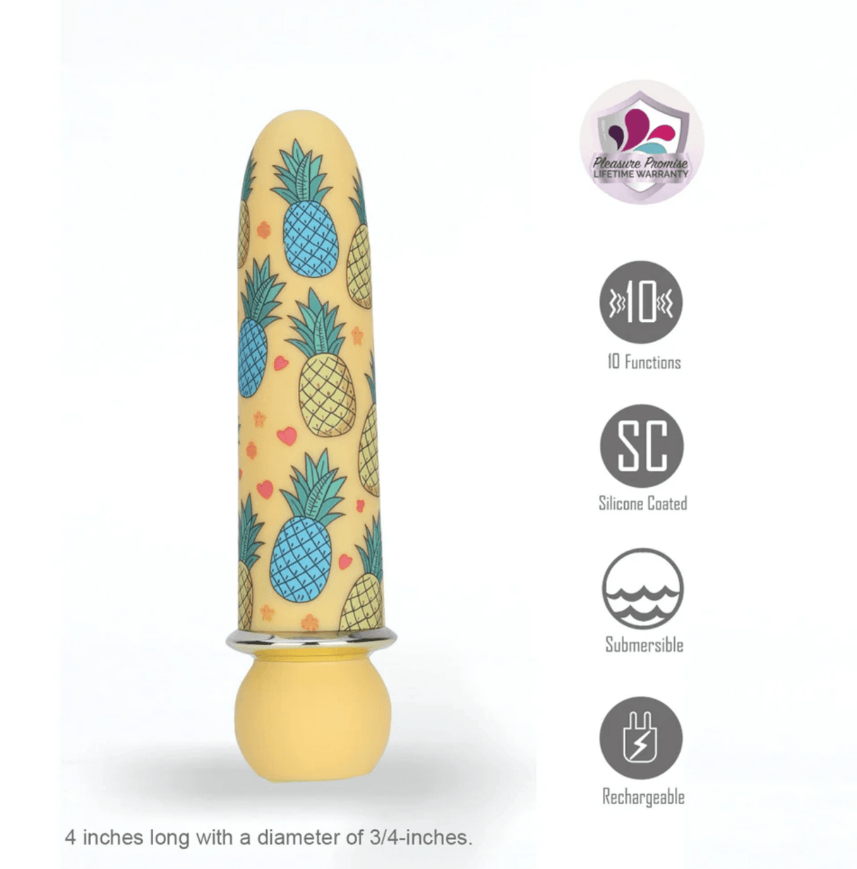 Maia Kona Fiercely Powerful Bullet Vibrator with tropical pineapple design, silicone coated, and rechargeable features.