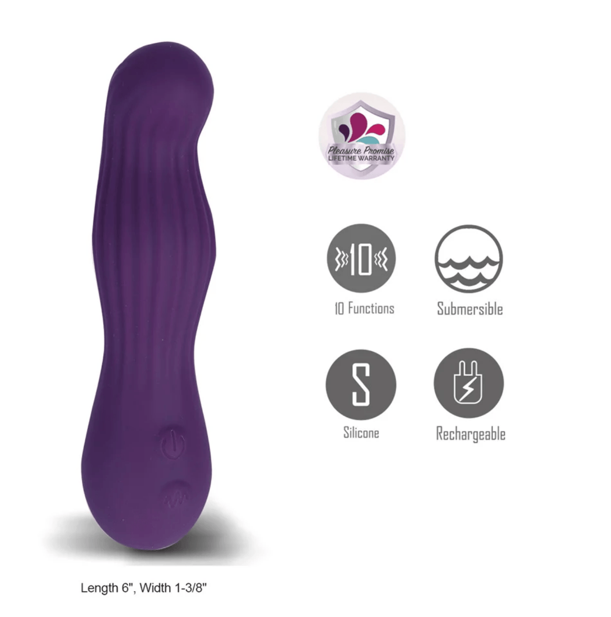 Maia Mesa Liquid Silicone G-Spot Vibrator showcasing its flexible shape, 10 functions, and body-safe silicone material.