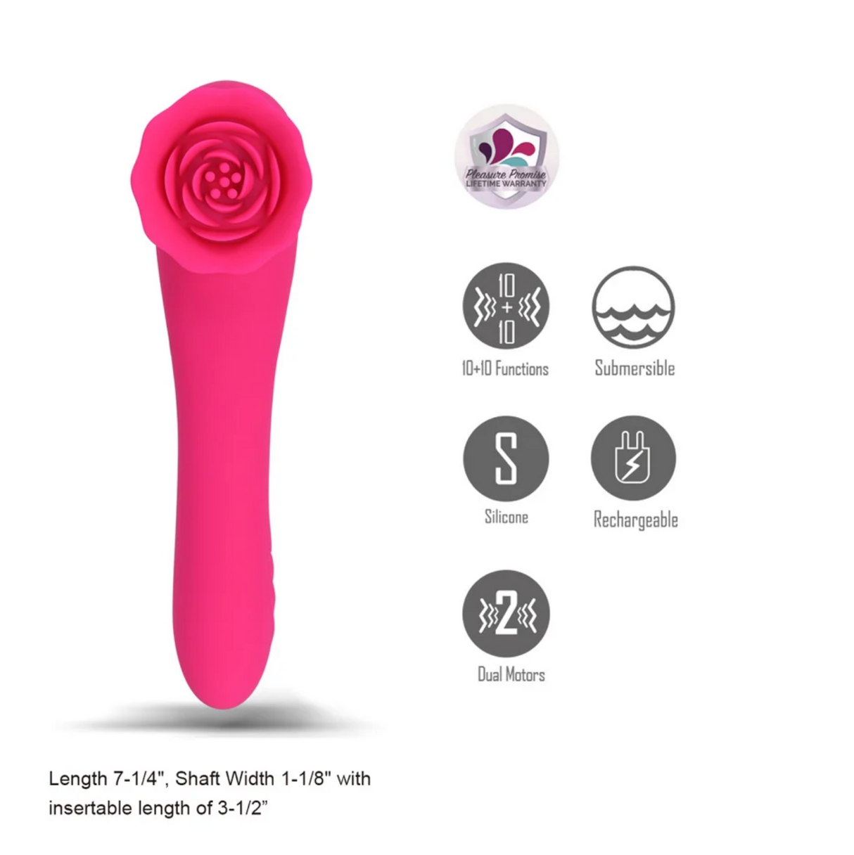 Maia Roza Silicone Premium Dual-Motor Rose Massager features a rose-shaped design with multiple functions, silicone material, and rechargeable capability.