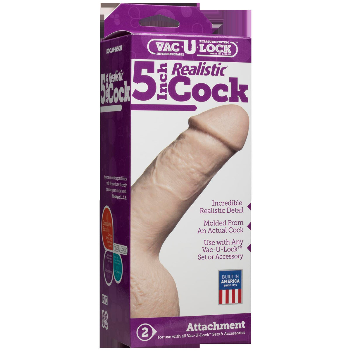 Vac-U-Lock 5-Inch Realistic Cock White packaging featuring realistic detail and designed for Vac-U-Lock system.