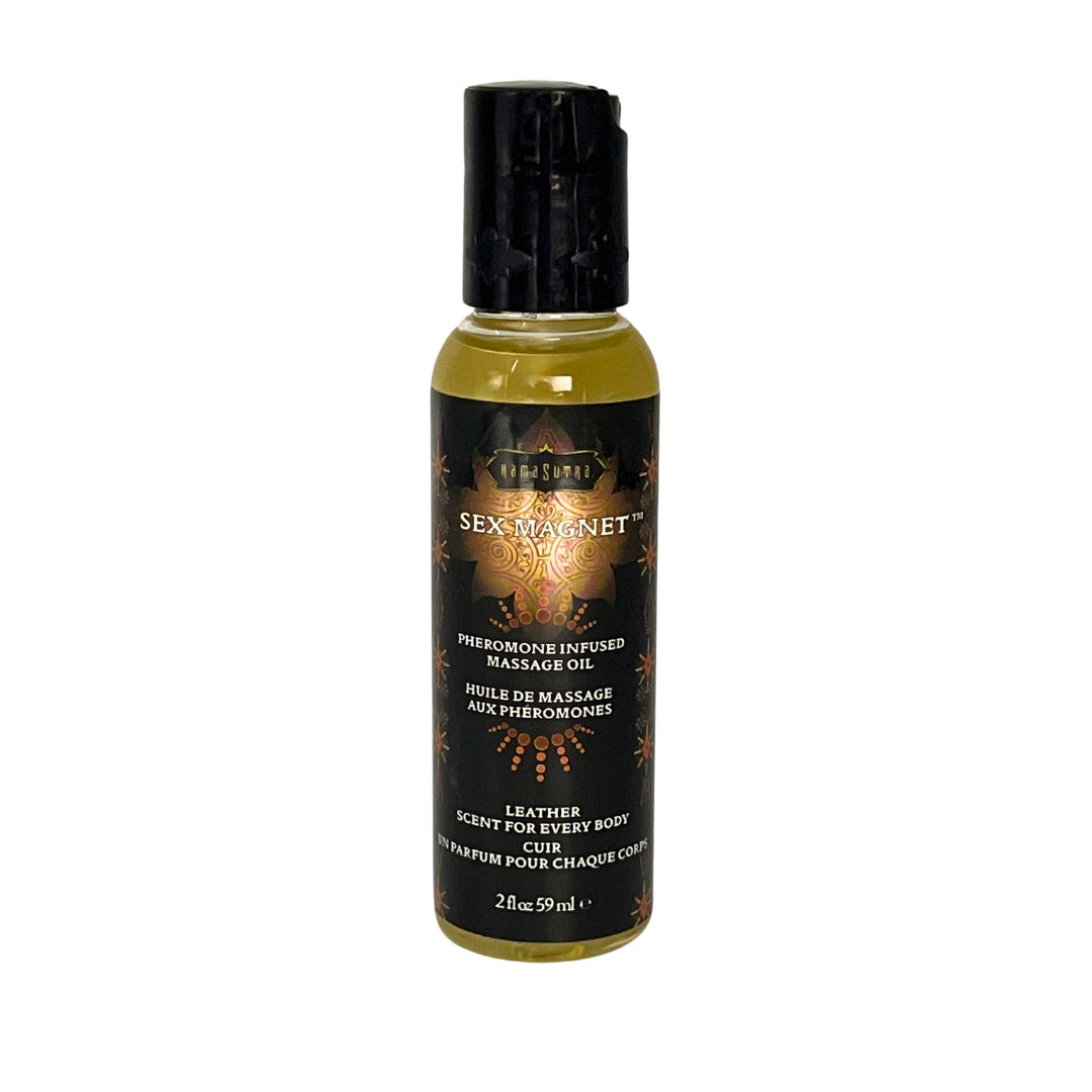 Kama Sutra Sex Magnet Leather Massage Oil 2 Oz in a bottle with a sophisticated design and pheromone infusion.
