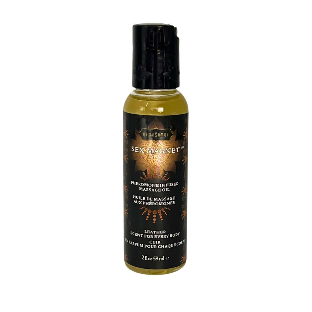 Kama Sutra Sex Magnet Leather Massage Oil 2 Oz in a bottle with a sophisticated design and pheromone infusion.