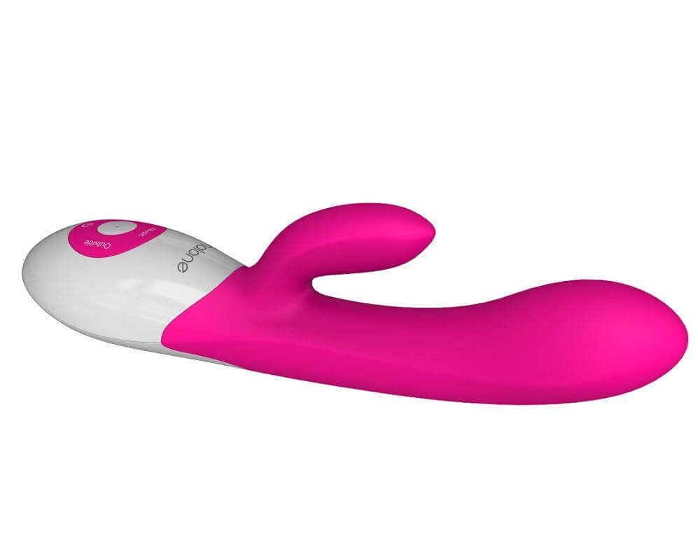 Nalone Rhythm Sound Activated Rechargeable Rabbit Vibrator in pink and white with ergonomic design and control buttons.