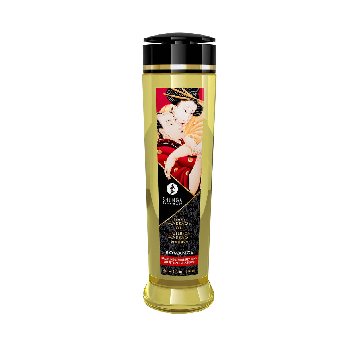 Shunga Massage Oils Romance Sparkling Strawberry Wine 8 Oz bottle with elegant design and vibrant colors.