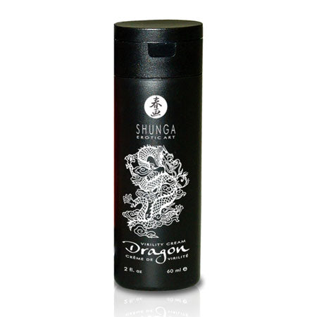 Shunga Dragon Virility Cream 2 Oz packaging, featuring a dragon design and black bottle, for male enhancement.