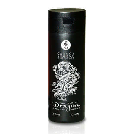 Shunga Dragon Virility Cream 2 Oz packaging, featuring a dragon design and black bottle, for male enhancement.
