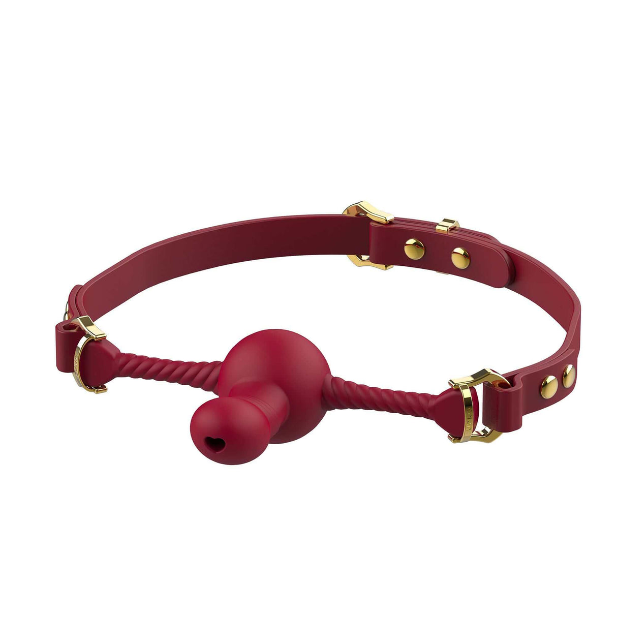 Red silicone dildo-shaped mouth gag with adjustable strap and gold hardware accents, offering luxury and control.