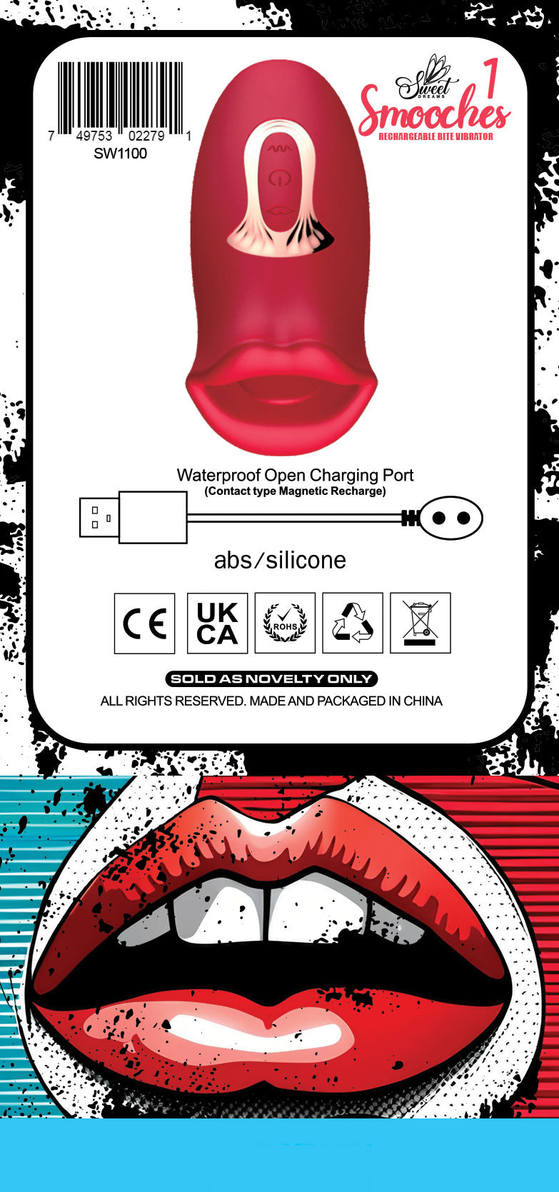 Smooches No 1 Mouth Biting Tongue Vibrator packaging showing waterproof charging port and body-safe silicone.