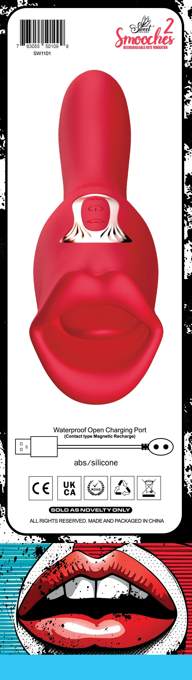 Smooches No 2 Rechargeable Bite Vibrator with dual-end design, featuring a smooth red finish and waterproof charging port.