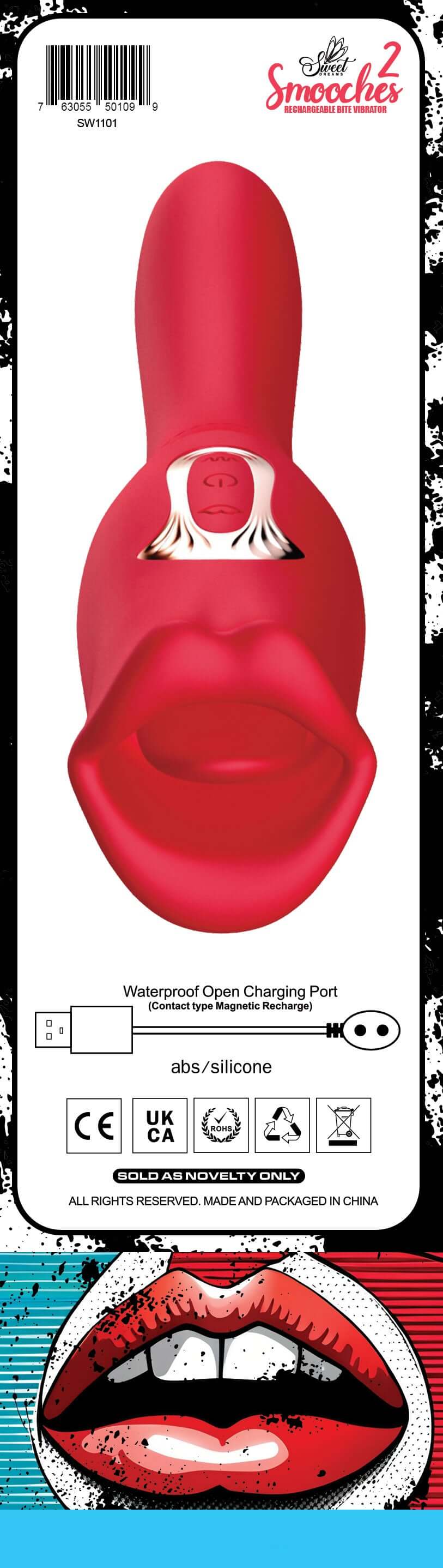 Smooches No 2 Rechargeable Bite Vibrator with dual-end design, featuring a smooth red finish and waterproof charging port.