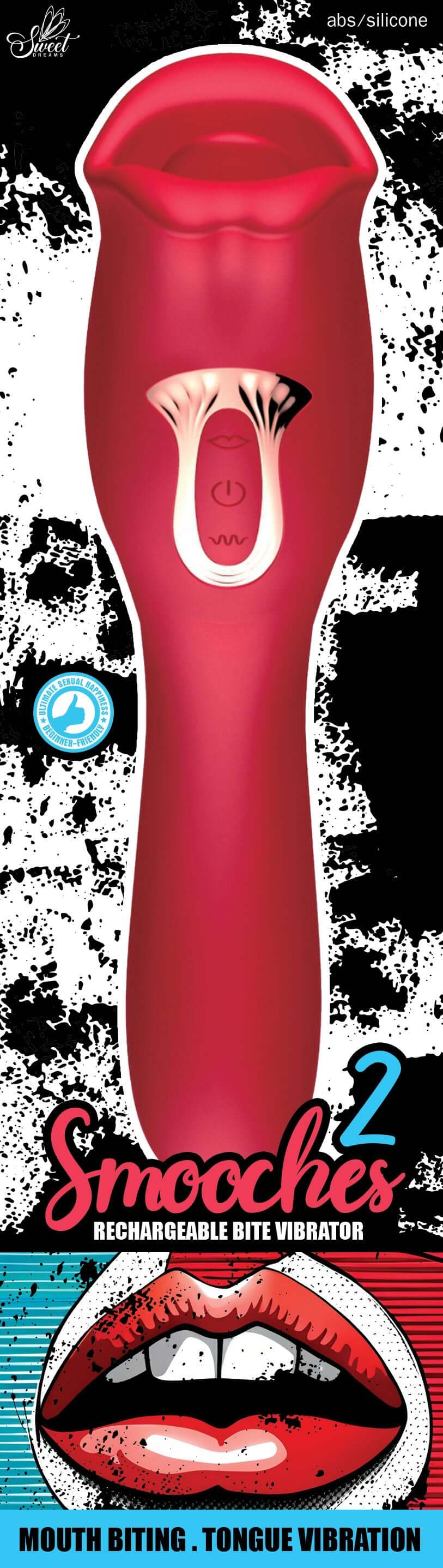 Smooches No 2 Rechargeable Bite Vibrator showing dual-ended design for pleasure with G-spot and clitoral stimulation.