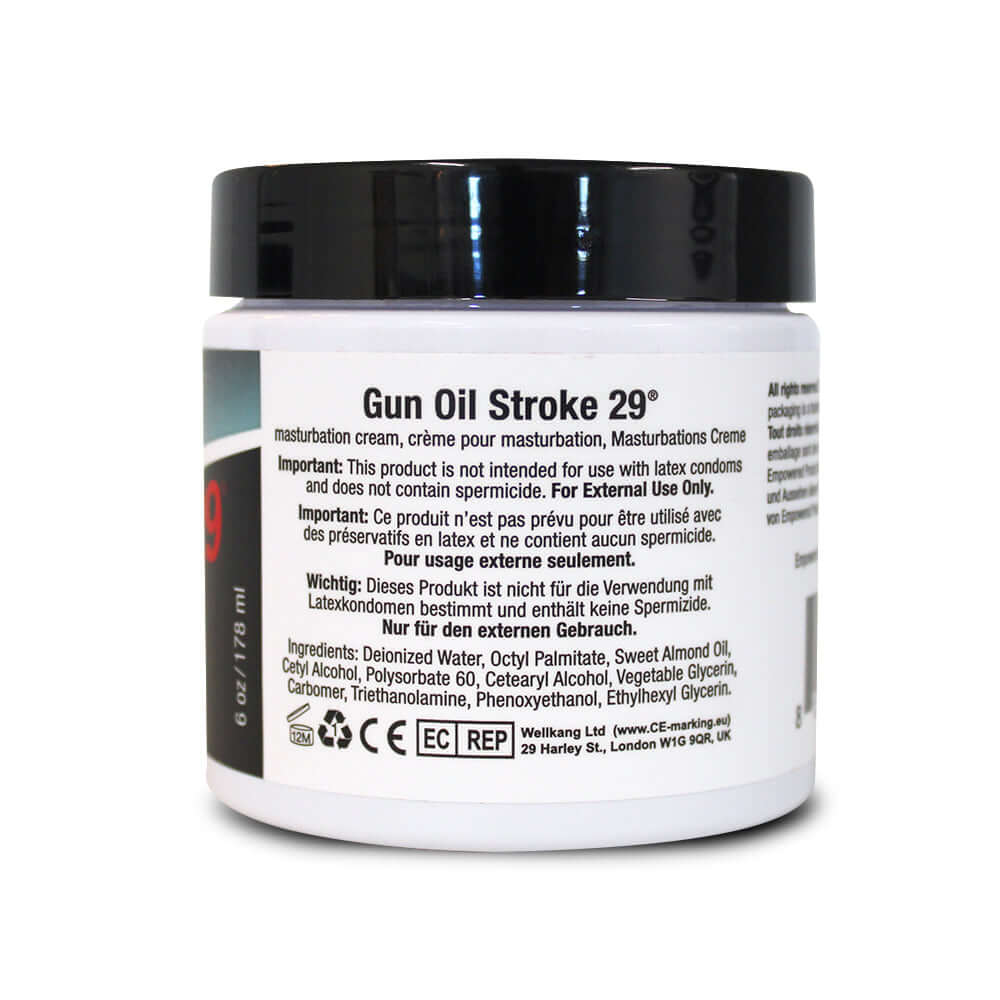 Gun Oil Stroke 29 Masturbation Cream 6 Oz Jar packaging with usage instructions and ingredients.