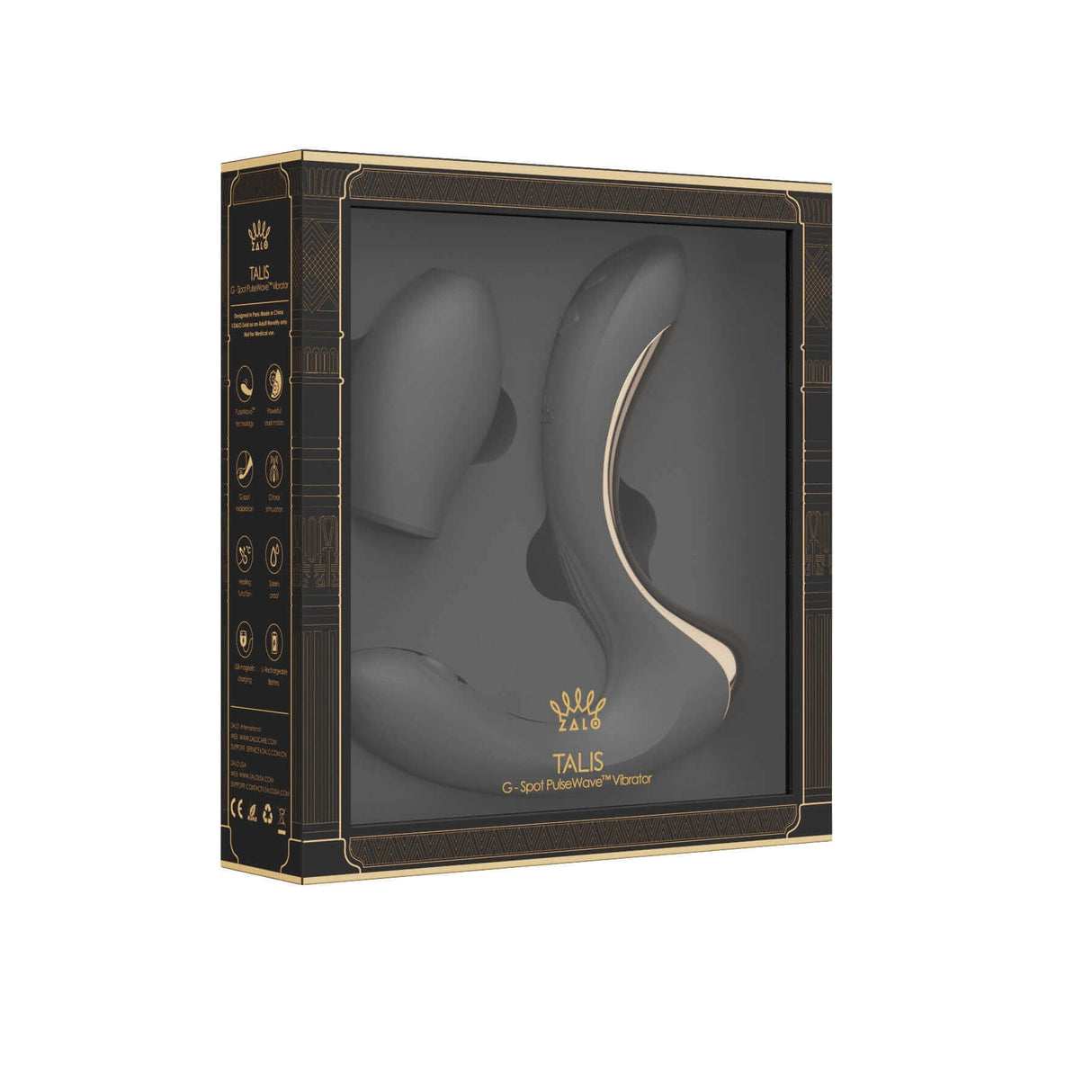 ZALO Talis G-Spot PulseWave Vibrator in box, Obsidian Black, luxury dual stimulation sex toy designed for pleasure and intimacy.