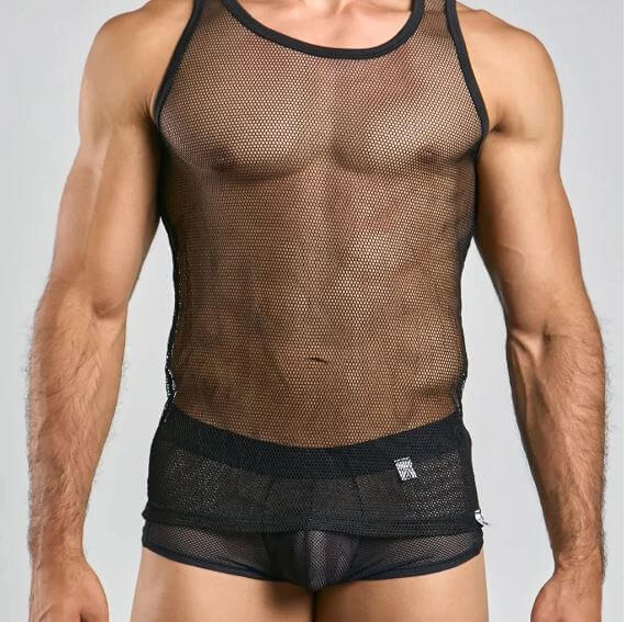 Mob Fishnet Tank Top Black Large worn by model showcasing its see-through design and muscle definition.
