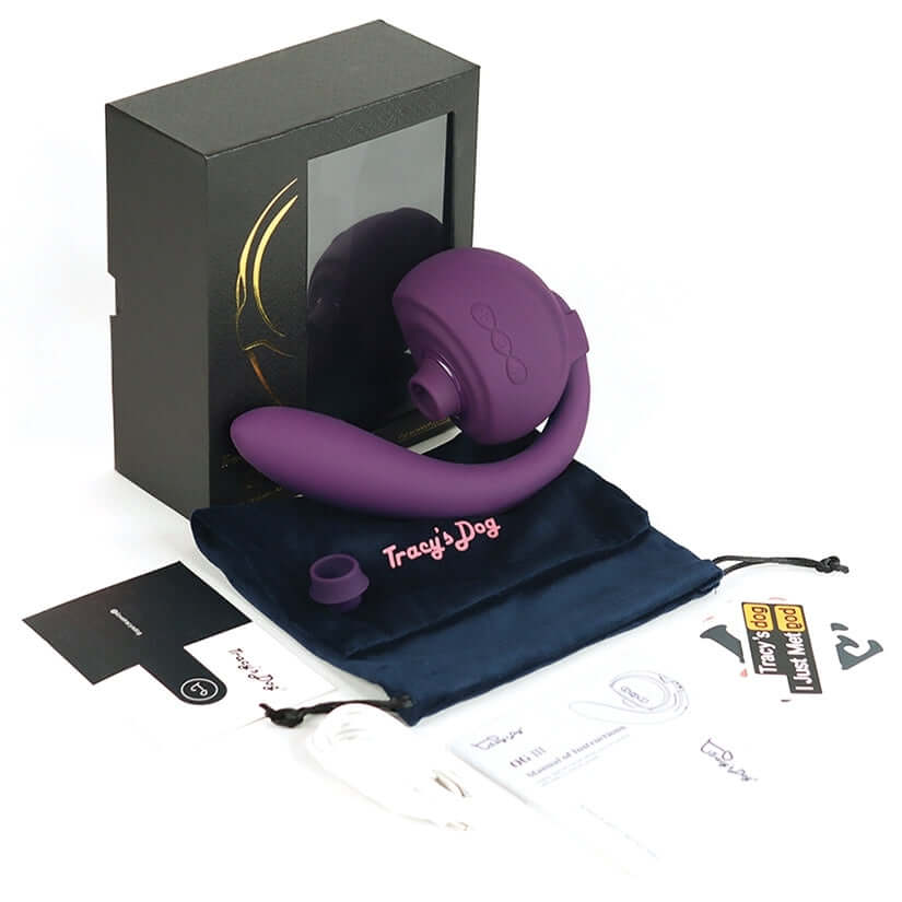 Tracys Dog Og3 Detachable Clitoral Sucking Vibrator in stylish packaging with instruction manual and storage pouch.