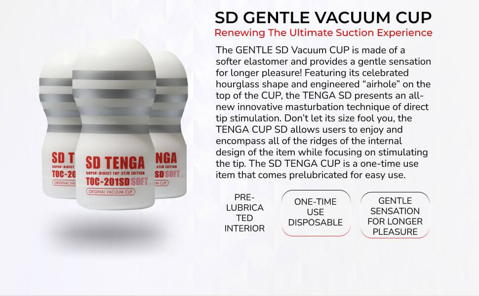 Tenga SD Original Vacuum Cup Gentle Masturbator soft elastomer design for enhanced pleasure and innovative suction experience.