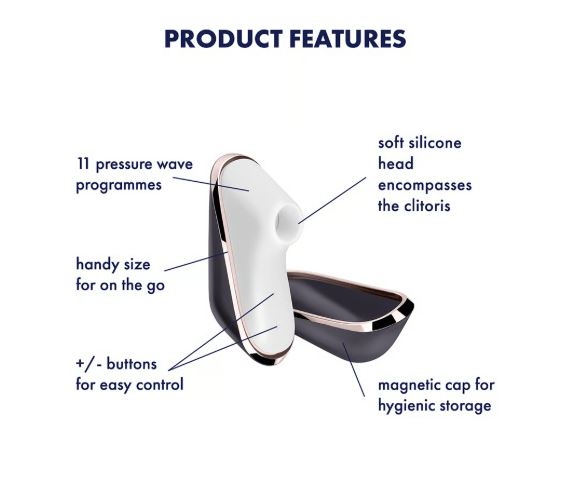 Satisfyer Traveler Air Pulse Clitoral Stimulator Black features 11 pressure wave programs and magnetic cap for storage.