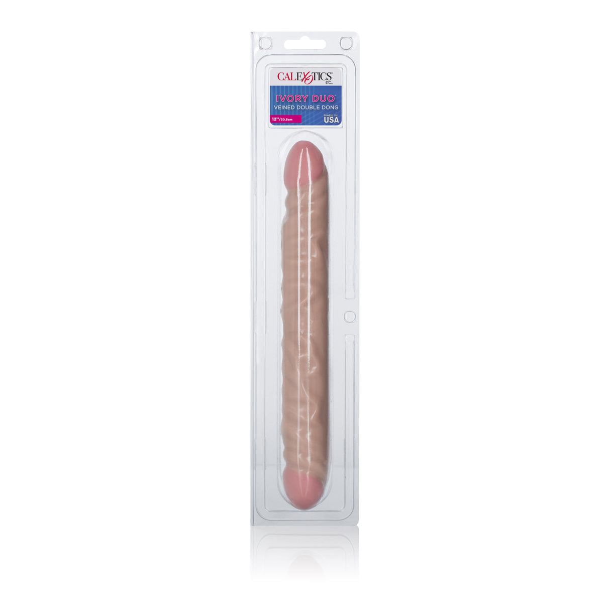 CalExotics Ivory Duo 12 Inch Veined Double Dong packaged and ready for intimacy and pleasure.