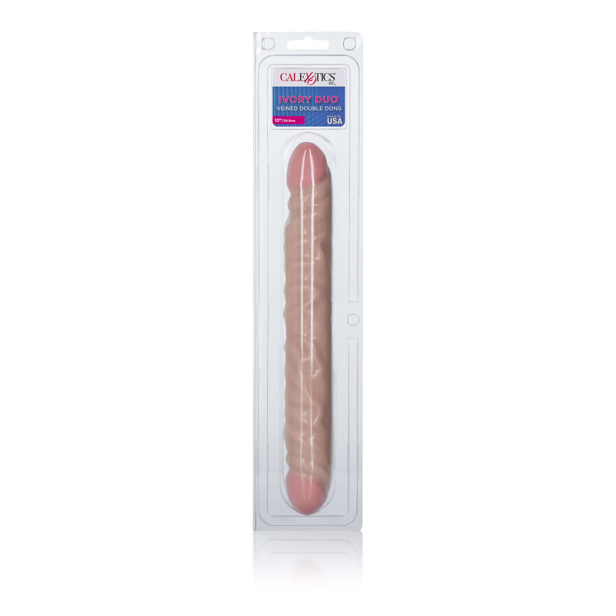 CalExotics Ivory Duo 12 Inch Veined Double Dong packaged and ready for intimacy and pleasure.