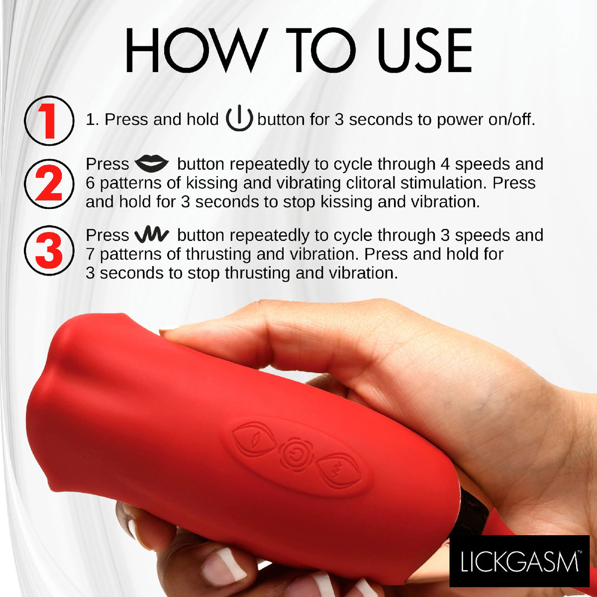 Magic Kiss Clitoral Stimulator Thrusting Vibrator Red usage instructions with buttons for kissing and thrusting functions.