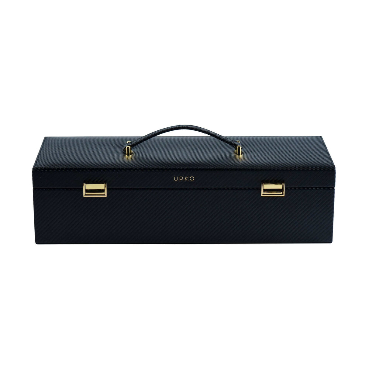 UPKO luxury black leather bondage tools case with handle and gold accents, perfect for BDSM accessories storage.