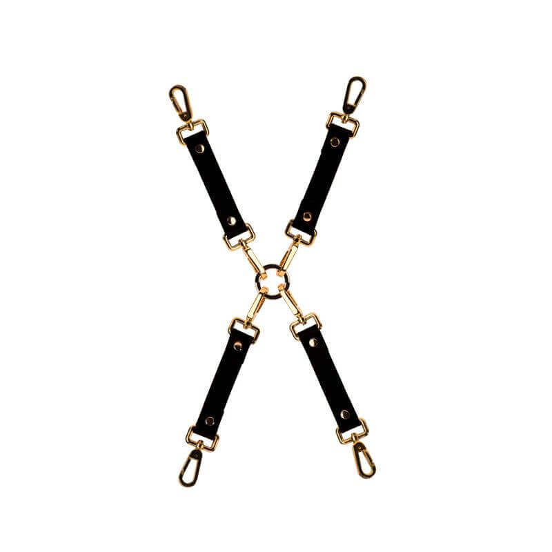 Luxury black leather bondage harness with gold accents for BDSM play, featured in the UPKO collection.
