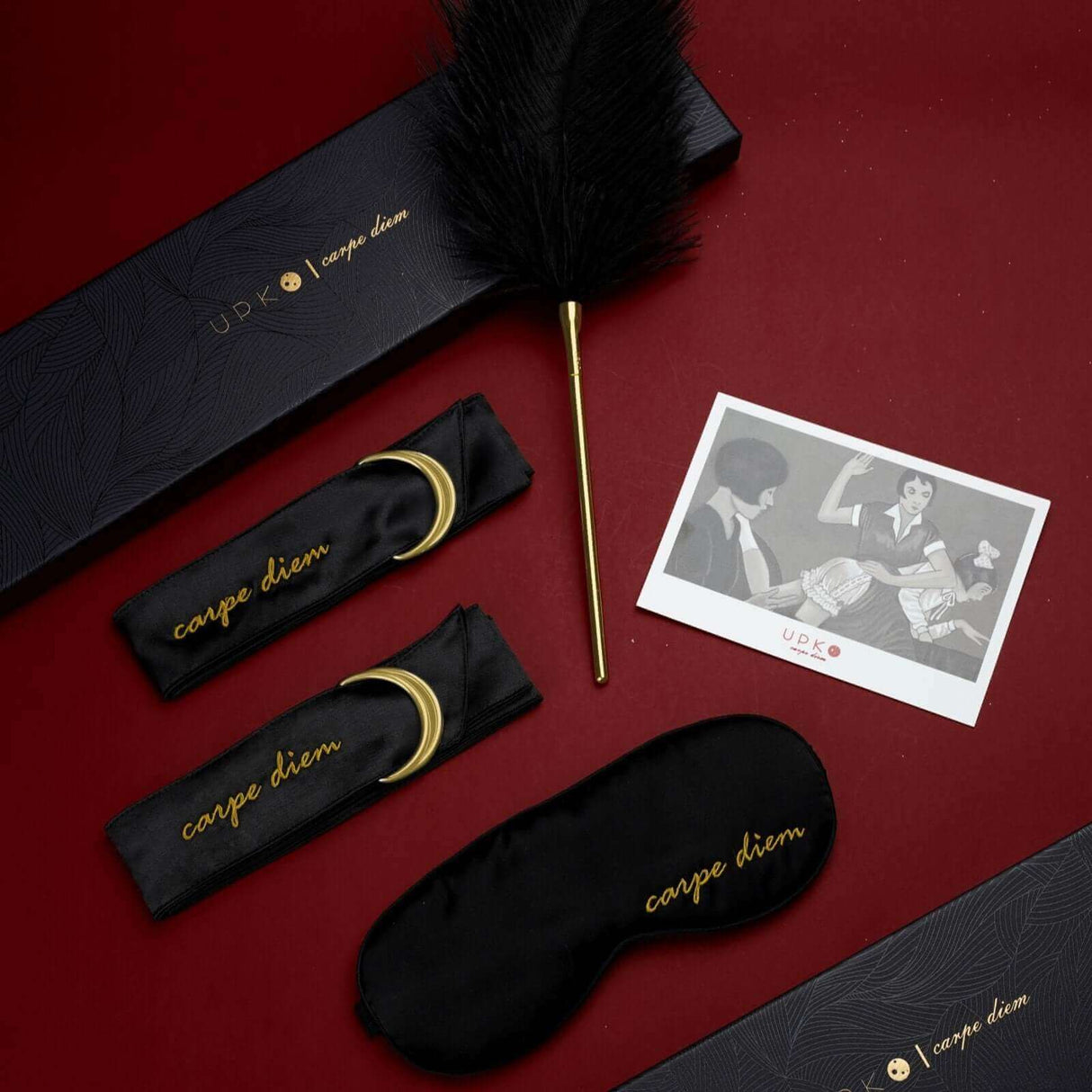 Carpe Diem Premium Silk Bondage Set by UPKO with blindfold, satin ties, feather tickler, and storage box.