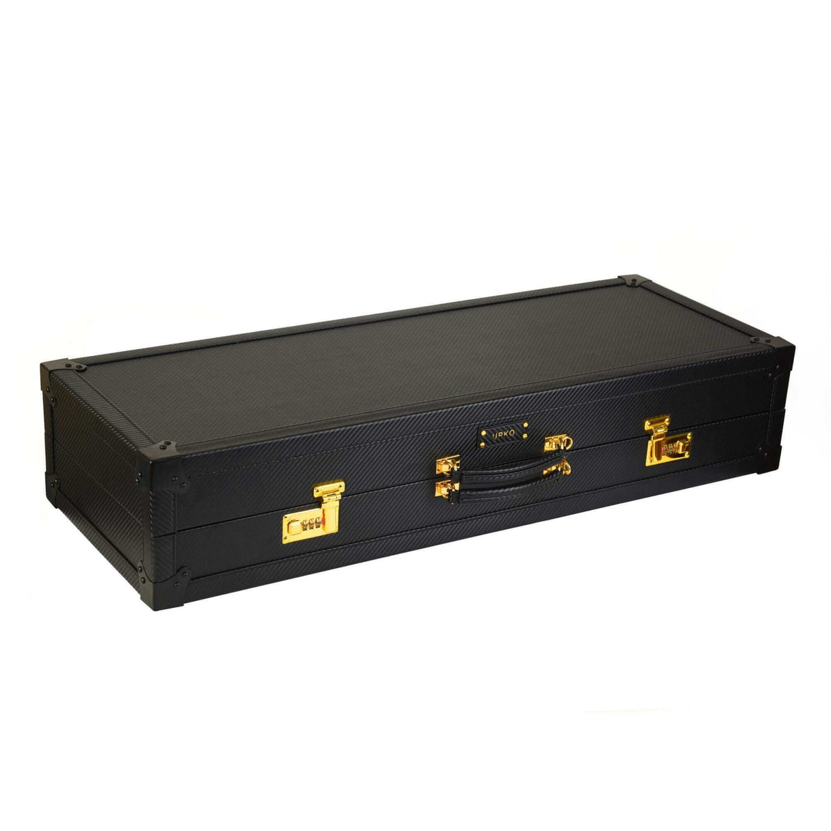 Black PU leather trunk with carbon fiber texture and gold accents for luxury BDSM tools storage.