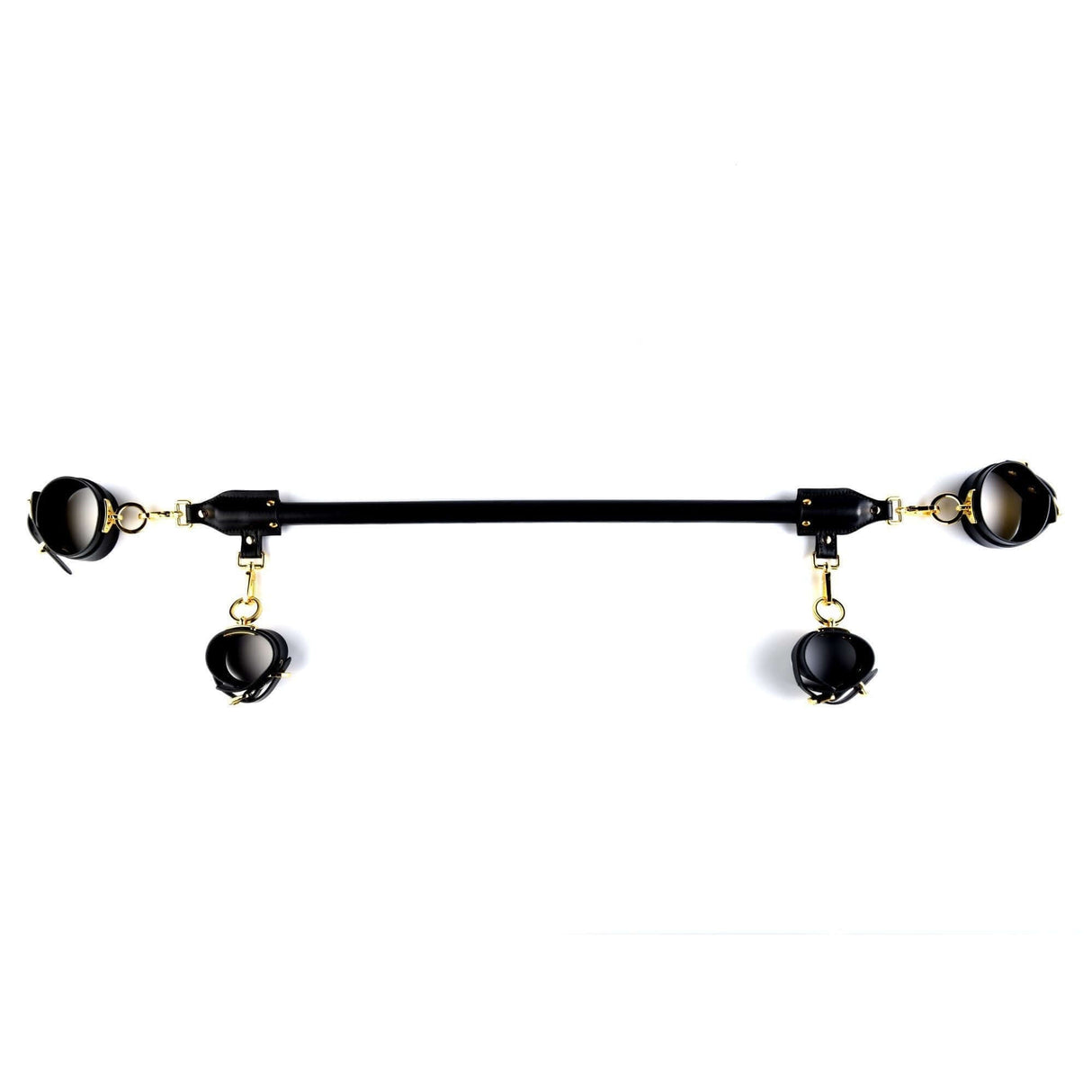 Luxury BDSM black restraint bar with gold accents and adjustable cuffs for versatile play and high-end experiences.