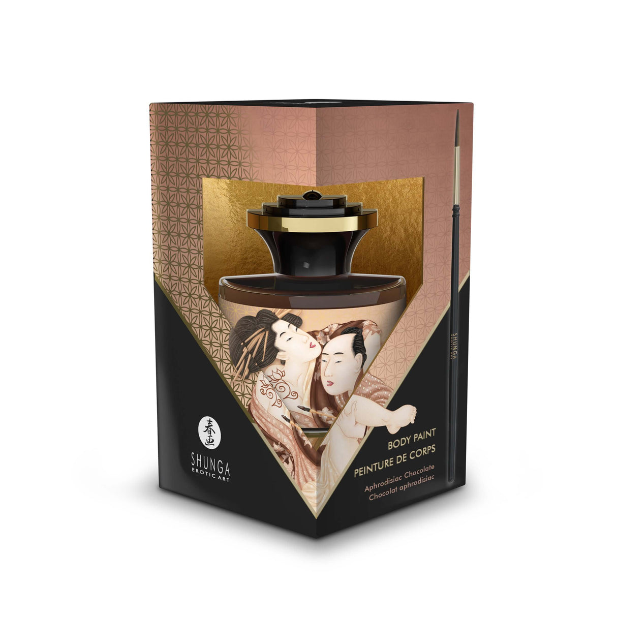 Shunga Edible Body Paint Aphrodisiac Chocolate in elegant packaging with application brush for intimate experiences.