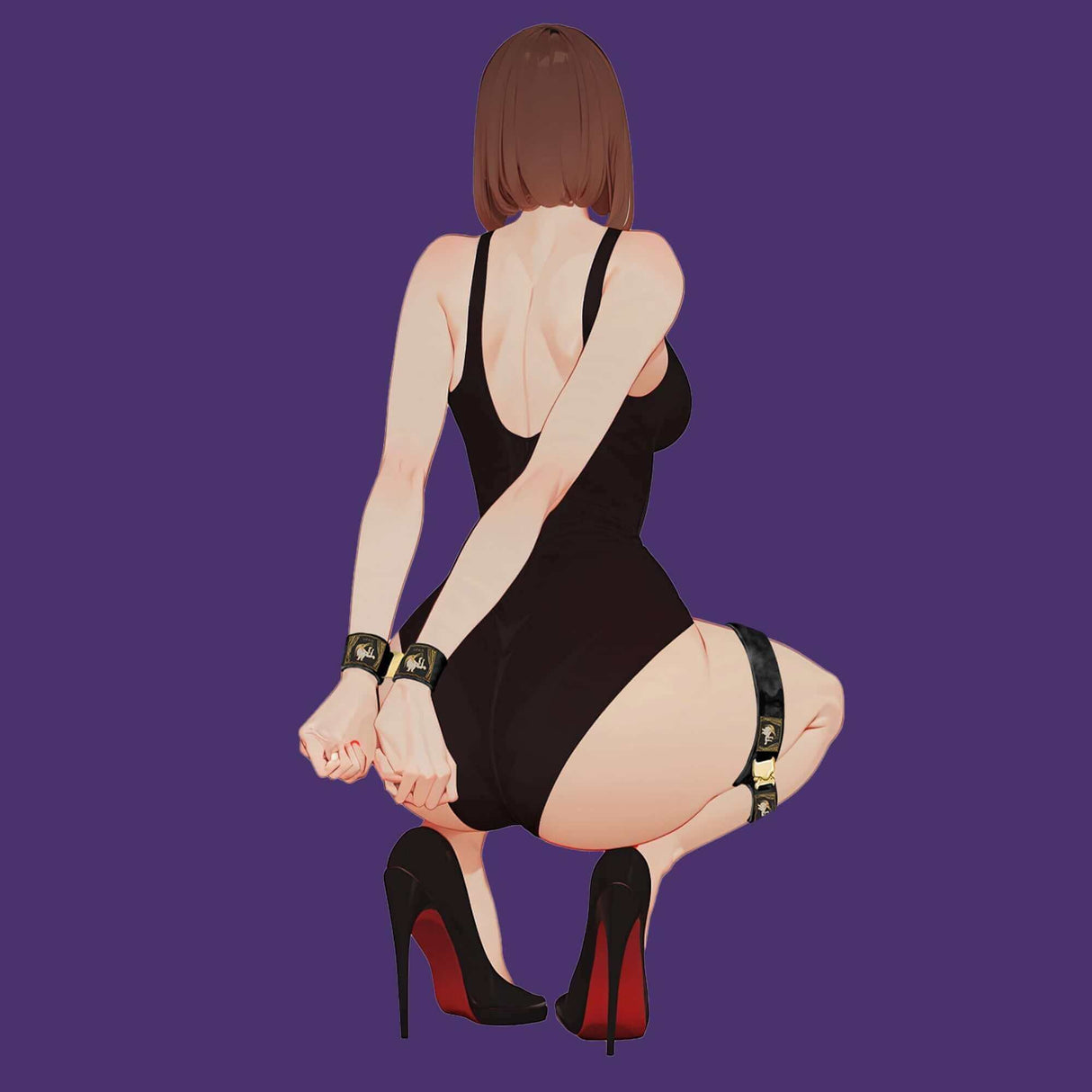 Illustration of a figure in bondage restraints, showcasing versatility and secure design against a purple backdrop.