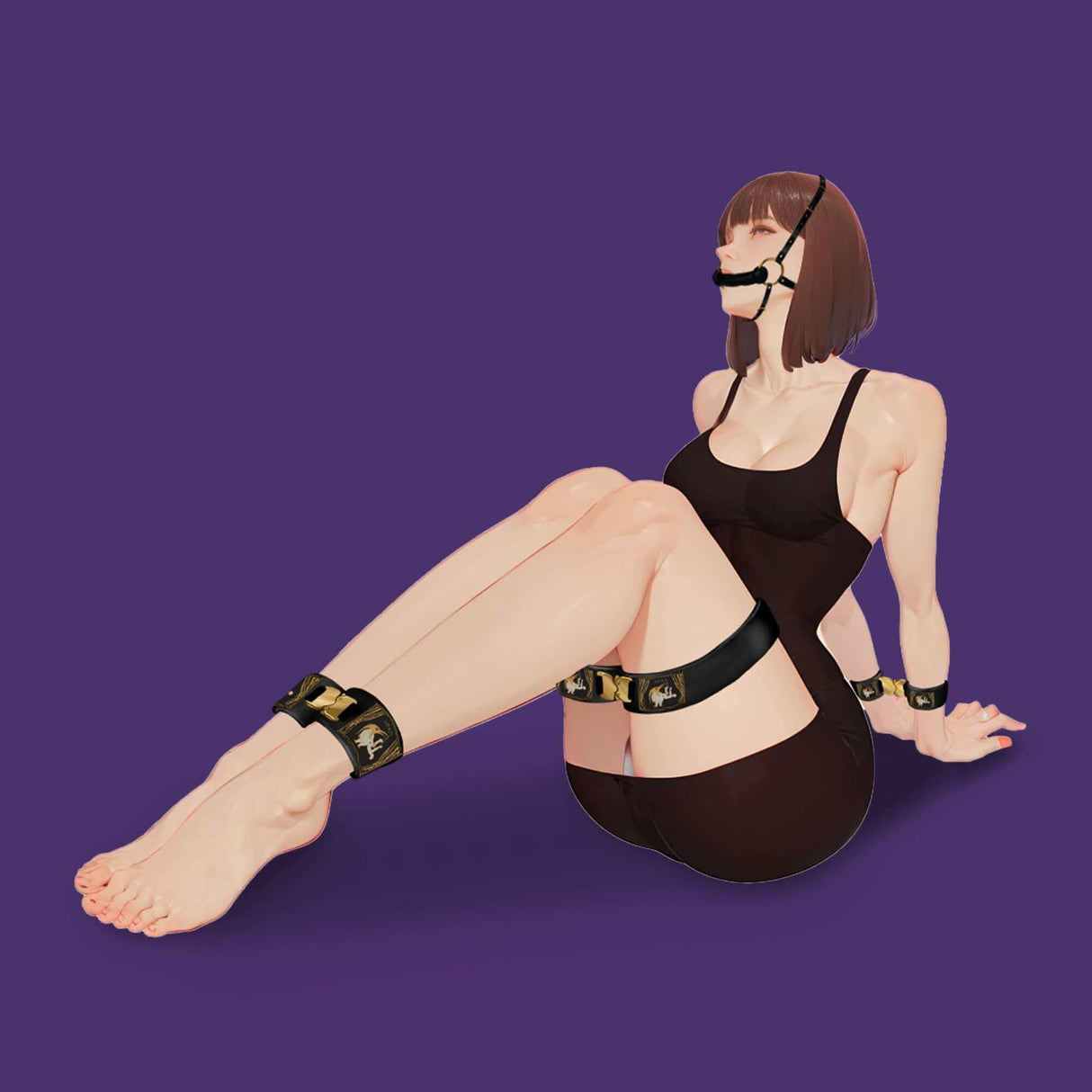 Model showcasing UPKO Clack bondage restraints gear, emphasizing versatility and design on a purple background.