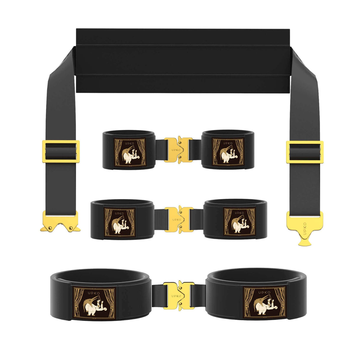 UPKO Clack Bondage Restraints Gear featuring adjustable straps and durable buckles for versatile use and secure experiences.