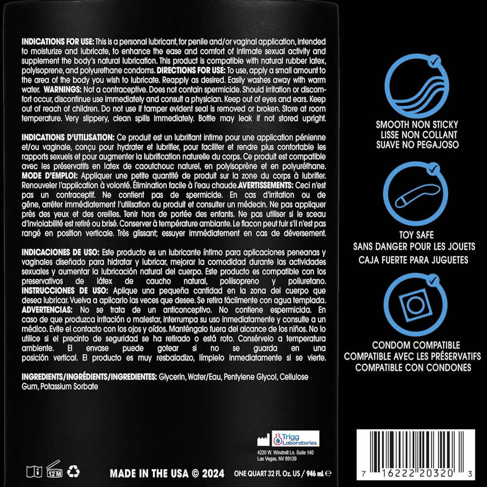 Wet Original Water Based Lubricant 32 Oz packaging showing instructions and ingredients for personal use.
