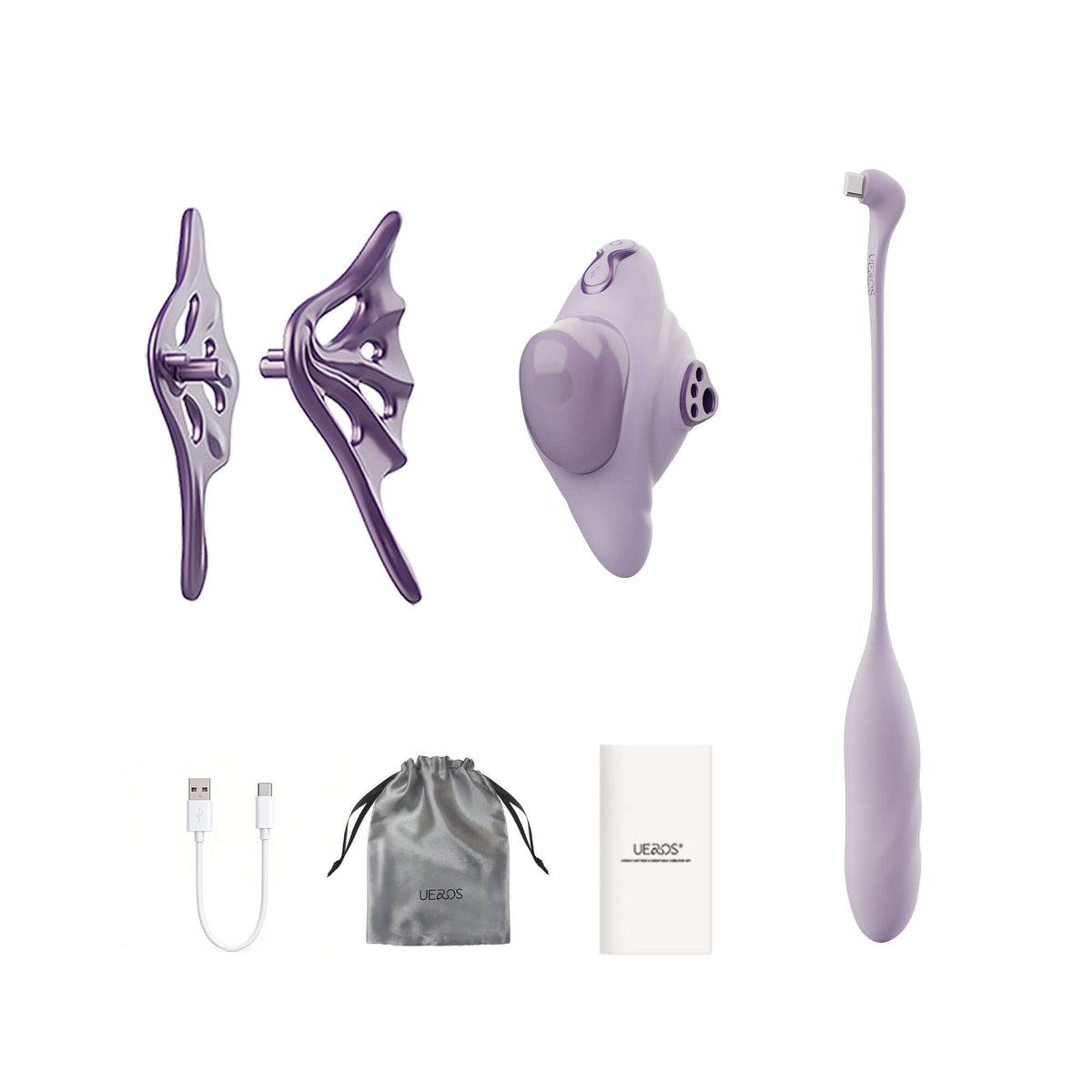 UEROS Suction & Insertable Vibrator Set Dual Function Purple components including suction and insertable parts.