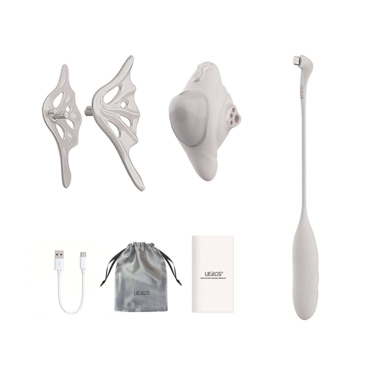 UEROS Suction & Insertable Vibrator Set Dual Function White including suction attachments and USB charger.