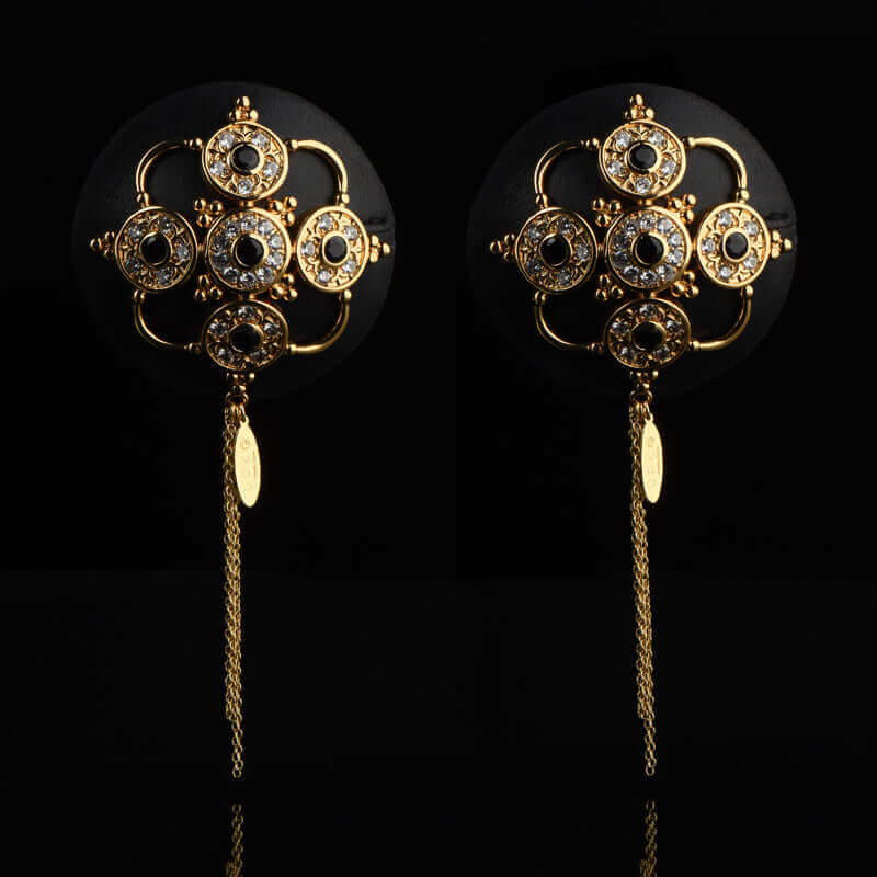 Baroque Leather Nippies with gold tassels, adorned with rhinestones and Czech zirconia, luxurious black leather UPKO design.