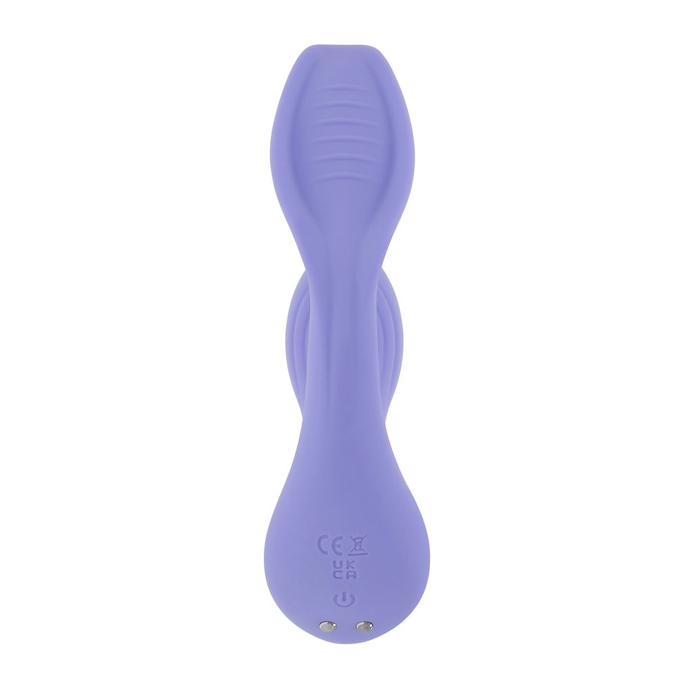 Every Way Play Wearable Vibrator with Remote Lilac against a white background, showcasing its sleek design and textures.