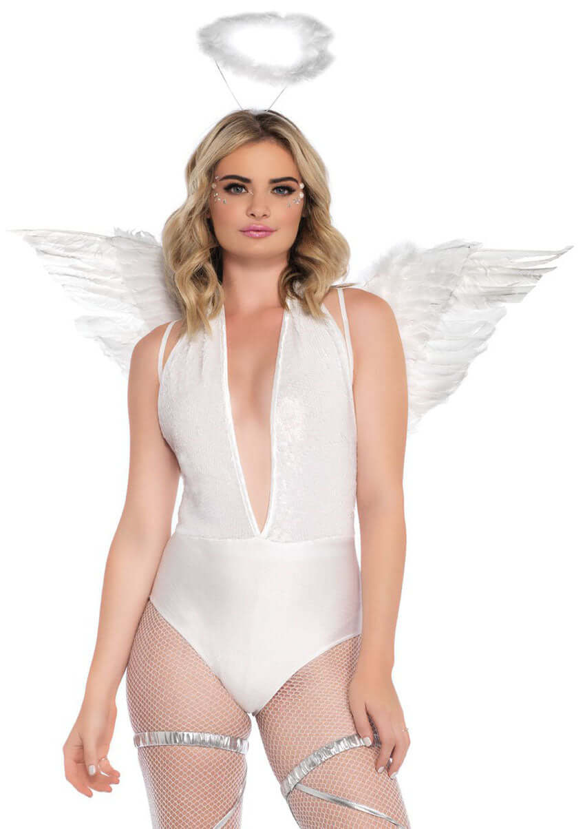 Leg Avenue 2 Pc Angel Accessory Kit White completed look with feather wings and halo headband.