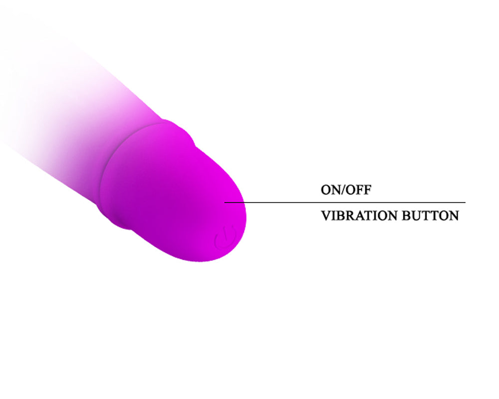 Close-up of the Pretty Love Boyce Silicone Bunny Vibrator Purple showing the on/off and vibration button functionalities.