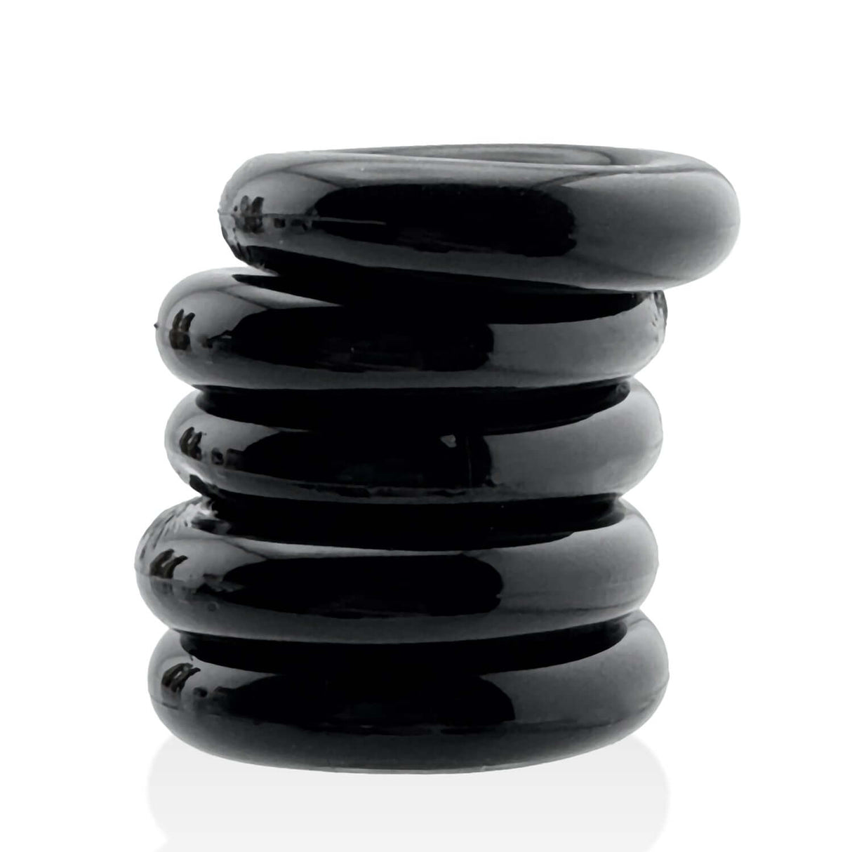 Oxballs Jacker 5-Stack Five-Pack Tube Super-Strong Cockrings Black stacked in a convenient design.