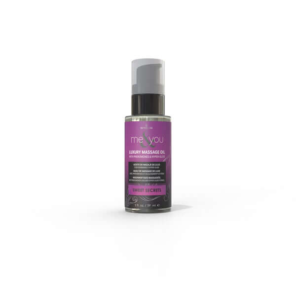 Me and You Massage Oil Sweet Secrets 2 Oz in a sleek bottle, designed for an intimate and relaxing massage experience.