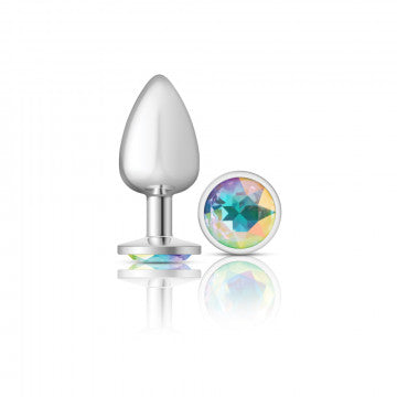 Cheeky Charms Round Clear Iridescent Large Silver Plug showcasing a silver aluminum body and iridescent acrylic gem.