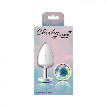 Cheeky Charms Round Clear Iridescent Large Silver Plug packaging featuring a silver anal plug with an iridescent gem.
