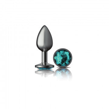 Cheeky Charms Round Teal Small Gunmetal Butt Plug with sparkling turquoise gemstone.