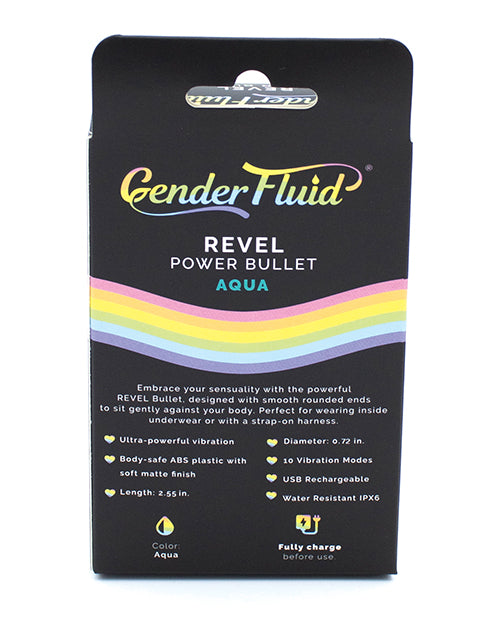 Gender Fluid Revel Power Bullet Aqua packaging showcasing features and colorful design.