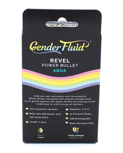 Gender Fluid Revel Power Bullet Aqua packaging showcasing features and colorful design.