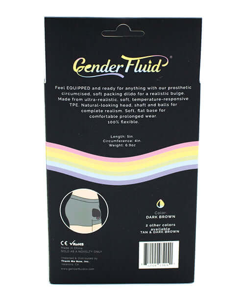 Gender Fluid 5 Inch Equipped Soft Packer Dark Brown packaging showing product details and colors.