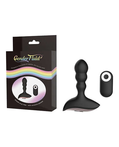 Gender Fluid Shake Anal Vibe with Remote Black in packaging, sleek design with wireless remote control.